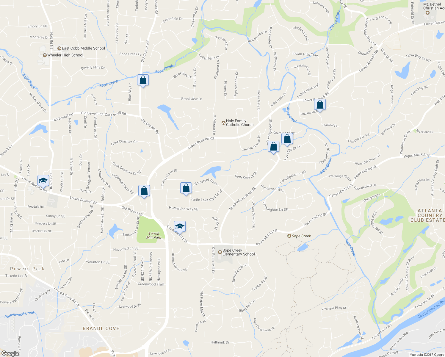 map of restaurants, bars, coffee shops, grocery stores, and more near 3418 Turtle Cove Court Southeast in Marietta