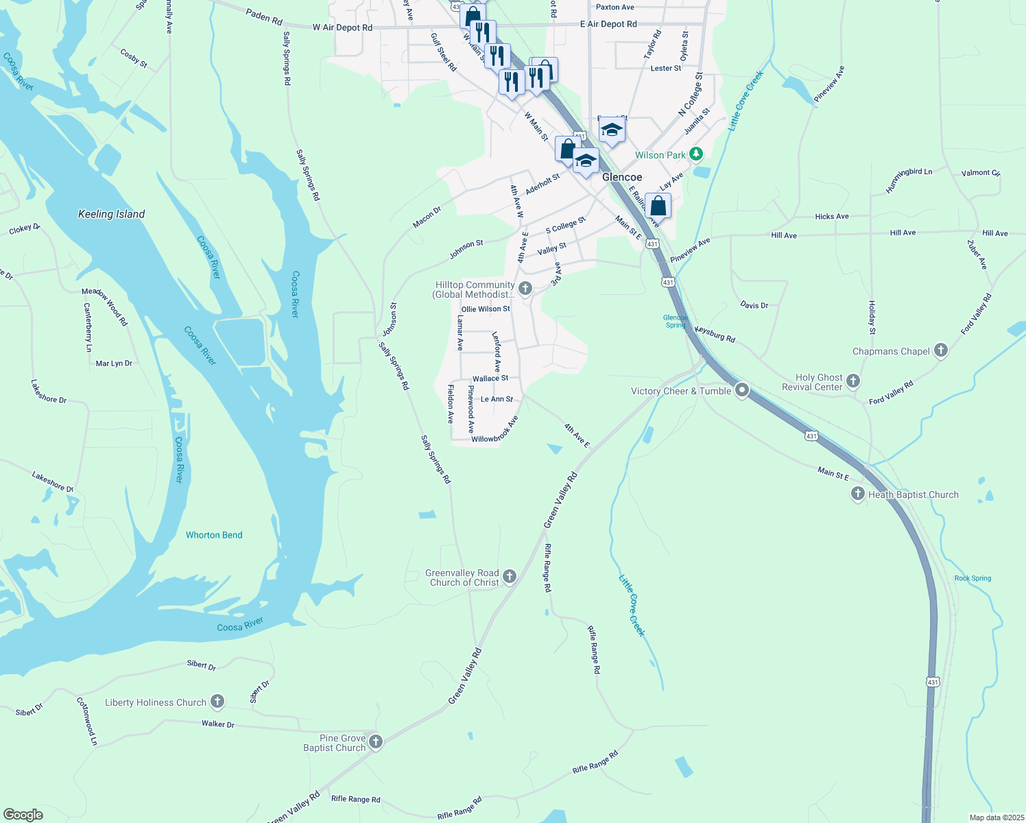 map of restaurants, bars, coffee shops, grocery stores, and more near 404 Willowbrook Avenue in Gadsden