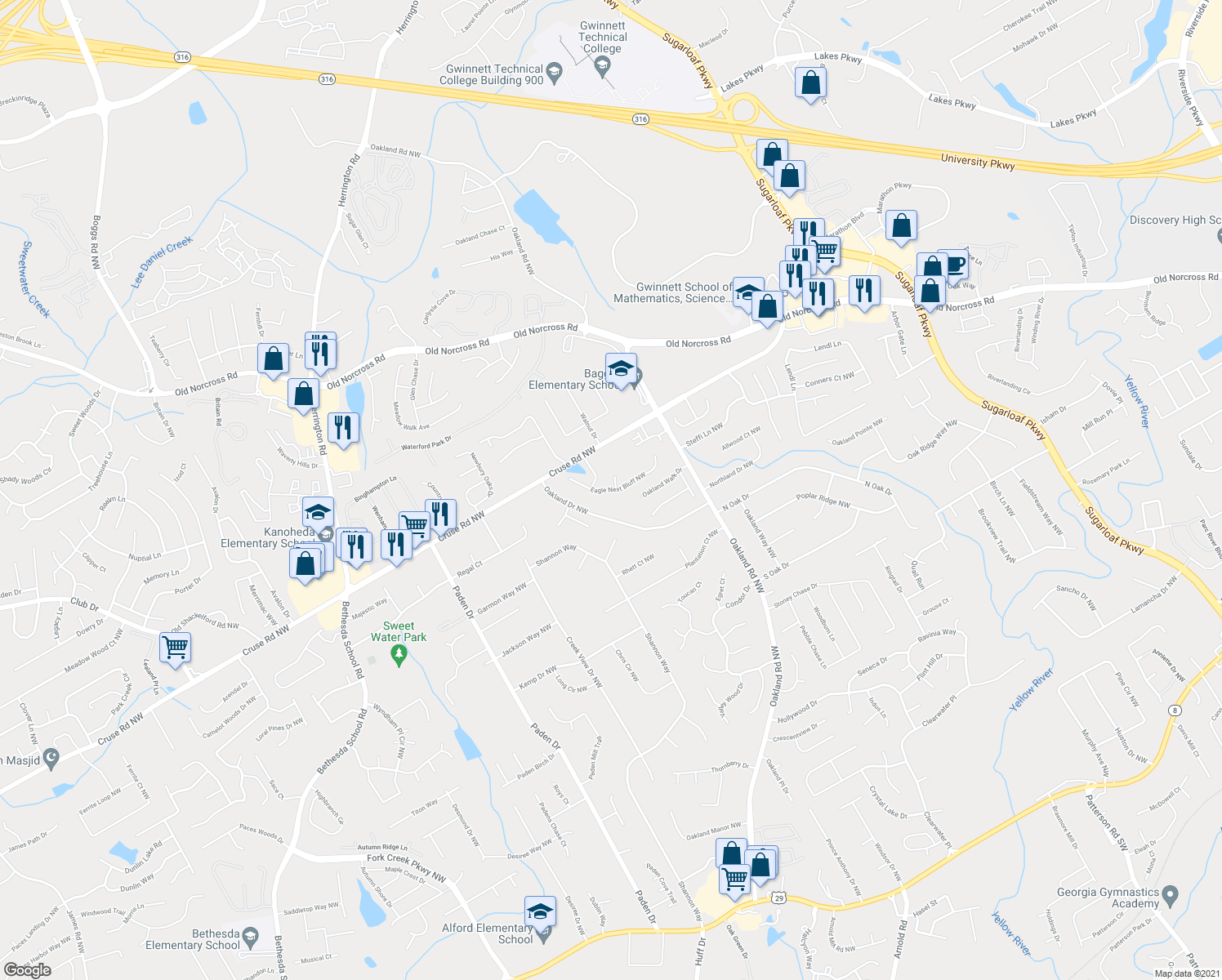 map of restaurants, bars, coffee shops, grocery stores, and more near 2175 Eagle Nest Bluff NW in Lawrenceville