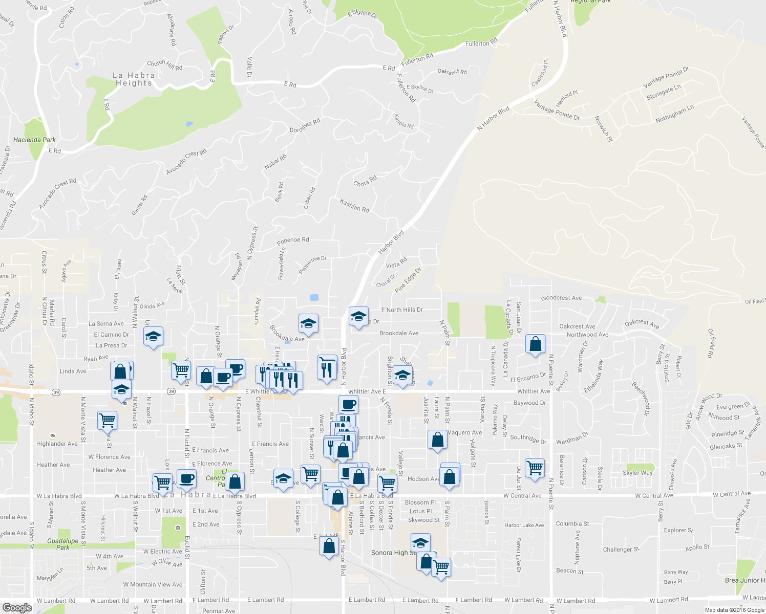 map of restaurants, bars, coffee shops, grocery stores, and more near 1400 Pamela Ln in La Habra