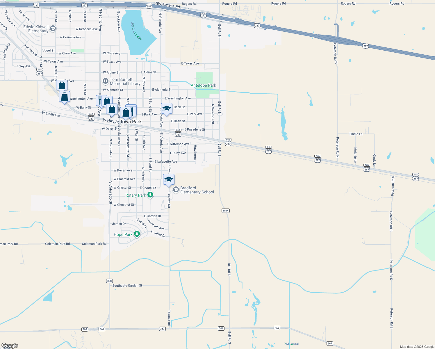 map of restaurants, bars, coffee shops, grocery stores, and more near 664 Bell Road South in Iowa Park