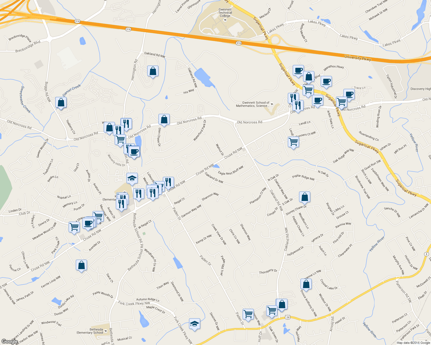 map of restaurants, bars, coffee shops, grocery stores, and more near 2260 Eagle Nest Bluff Northwest in Lawrenceville