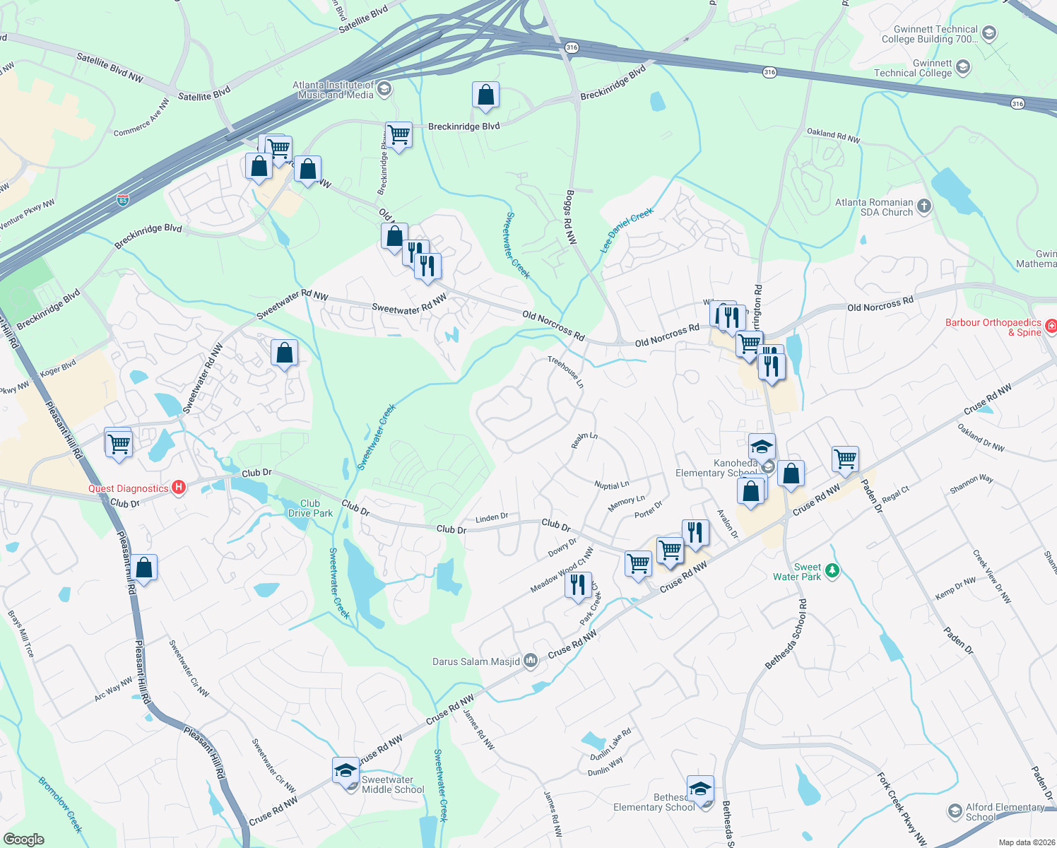 map of restaurants, bars, coffee shops, grocery stores, and more near 2925 Shady Woods Cir in Lawrenceville