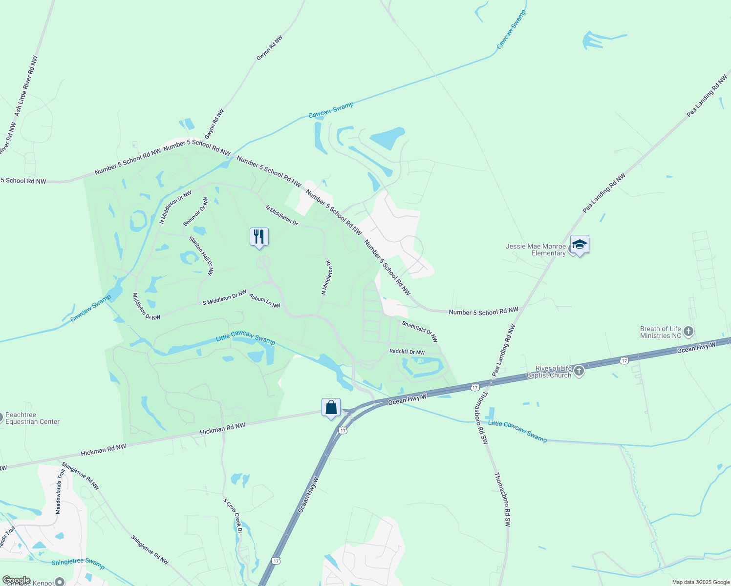 map of restaurants, bars, coffee shops, grocery stores, and more near 8829 Wadsworth Drive in Calabash
