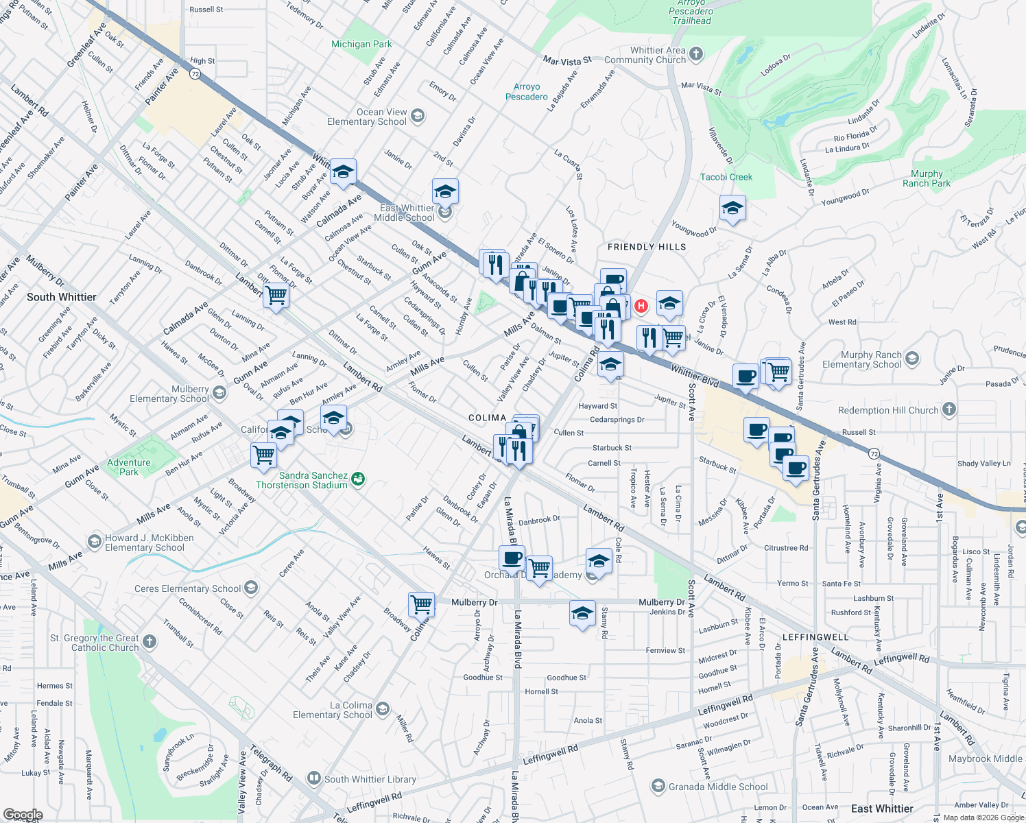 map of restaurants, bars, coffee shops, grocery stores, and more near 14806 Starbuck Street in Whittier