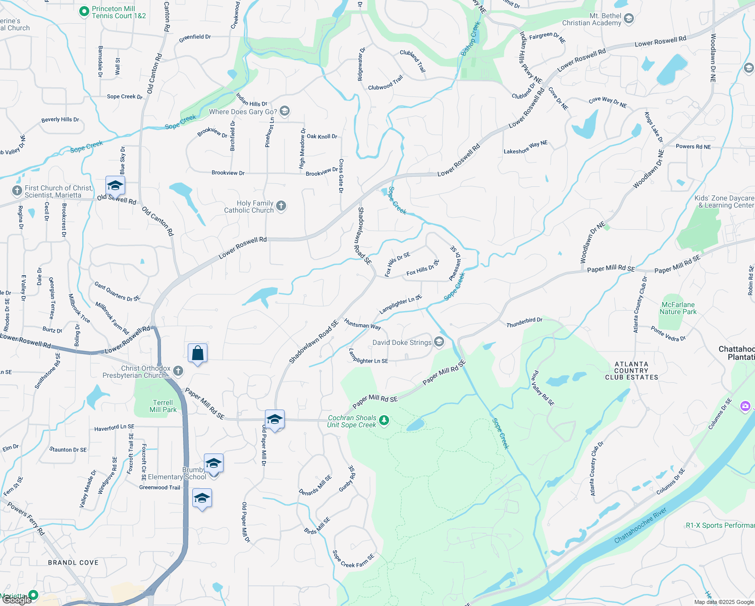 map of restaurants, bars, coffee shops, grocery stores, and more near 220 Hobnail Court Southeast in Marietta