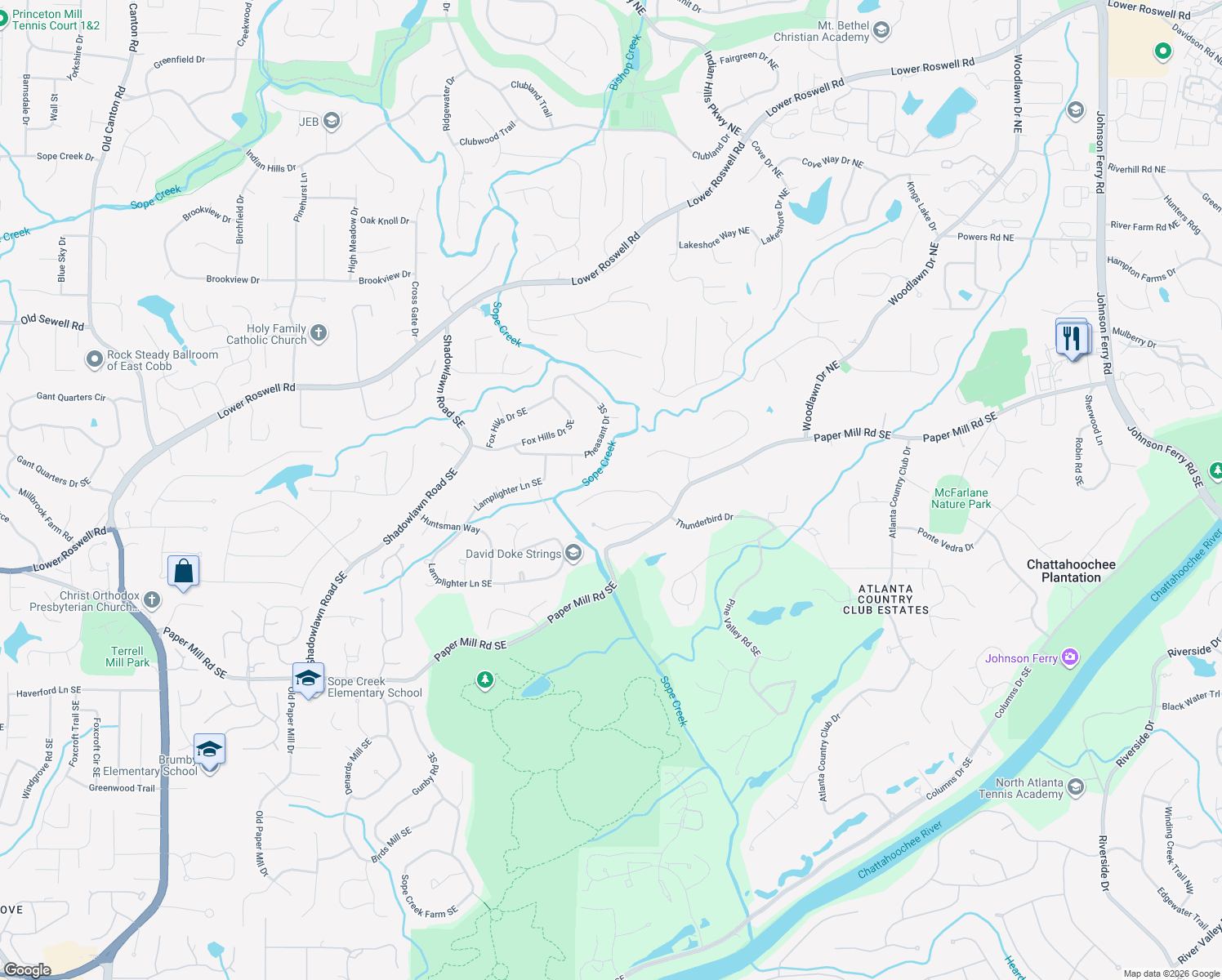 map of restaurants, bars, coffee shops, grocery stores, and more near 4035 River Ridge Chase in Marietta