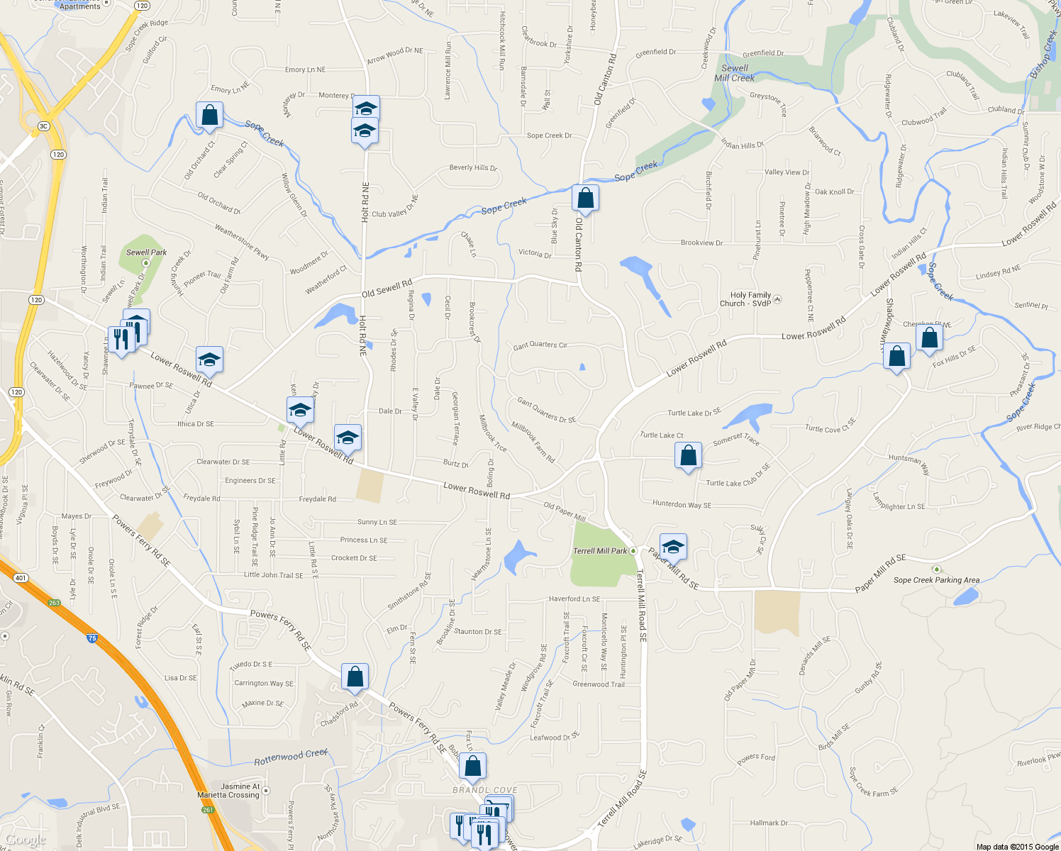 map of restaurants, bars, coffee shops, grocery stores, and more near 237 Millbrook Farm Road in Marietta