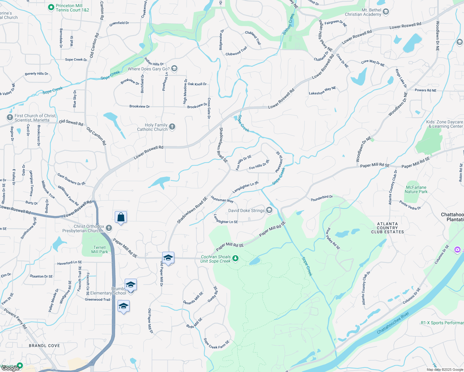 map of restaurants, bars, coffee shops, grocery stores, and more near 220 Hobnail Court Southeast in Marietta