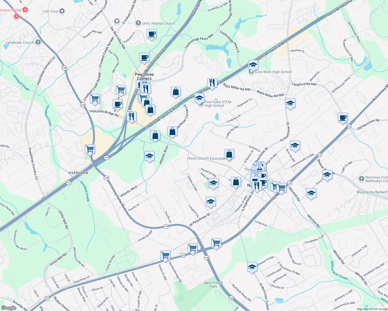 map of restaurants, bars, coffee shops, grocery stores, and more near 699 Holcomb Bridge Road in Norcross