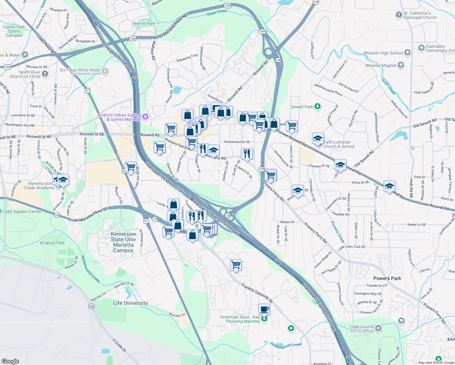 map of restaurants, bars, coffee shops, grocery stores, and more near 221 Herbert Dr SE in Marietta