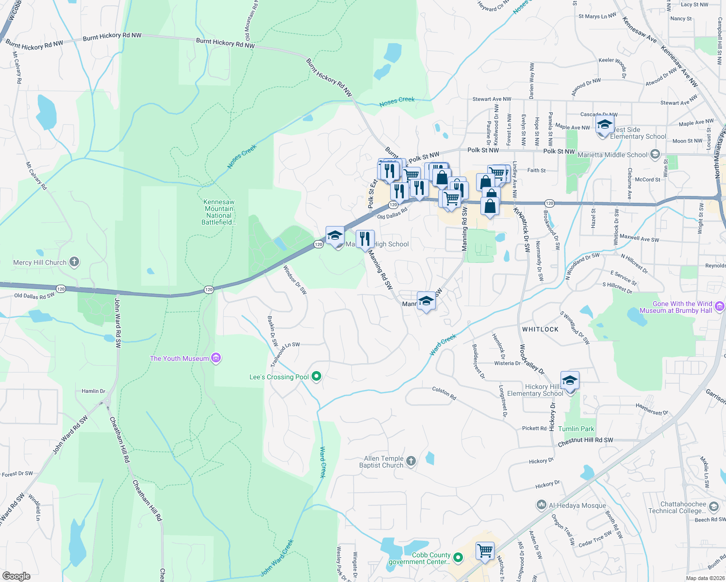 map of restaurants, bars, coffee shops, grocery stores, and more near 1086 Rockford Township Drive in Marietta