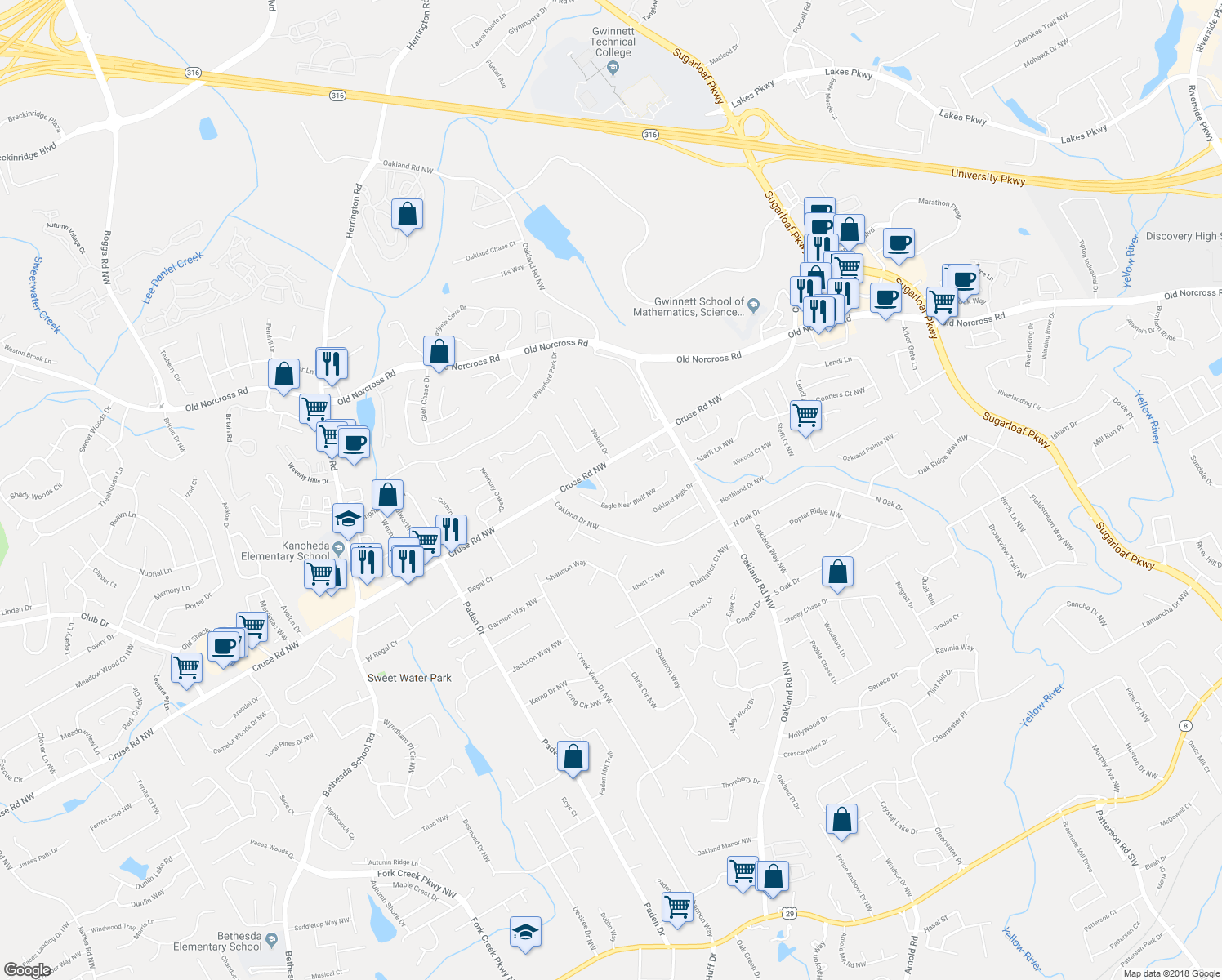map of restaurants, bars, coffee shops, grocery stores, and more near 845 Eagle Creek Drive Northwest in Lawrenceville