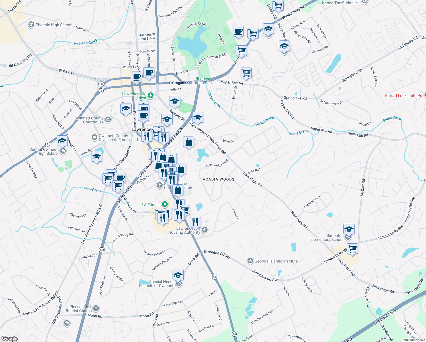 map of restaurants, bars, coffee shops, grocery stores, and more near 343 Hemlock Dr in Lawrenceville