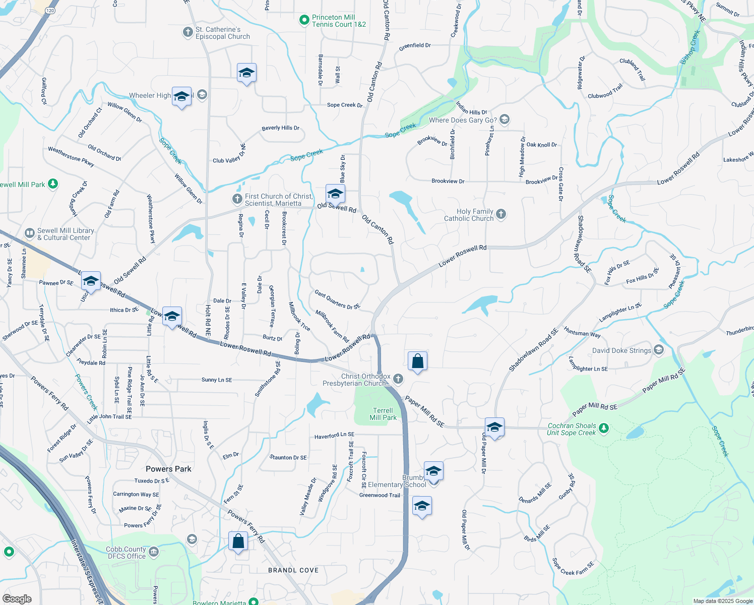 map of restaurants, bars, coffee shops, grocery stores, and more near 3027 Lower Roswell Road in Marietta