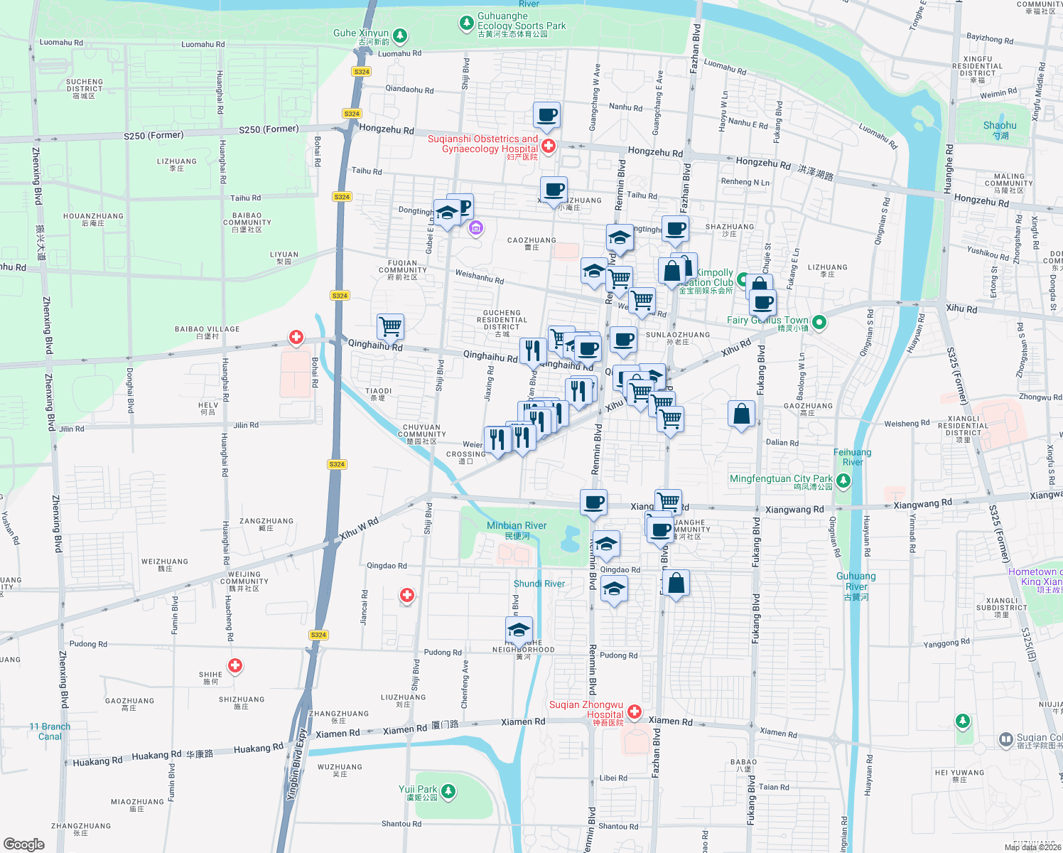 map of restaurants, bars, coffee shops, grocery stores, and more near 306 Xiang Wang Xiao Qu in Su Qian Shi