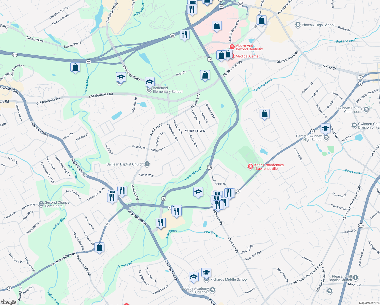 map of restaurants, bars, coffee shops, grocery stores, and more near 226 Kingsport Dr in Lawrenceville