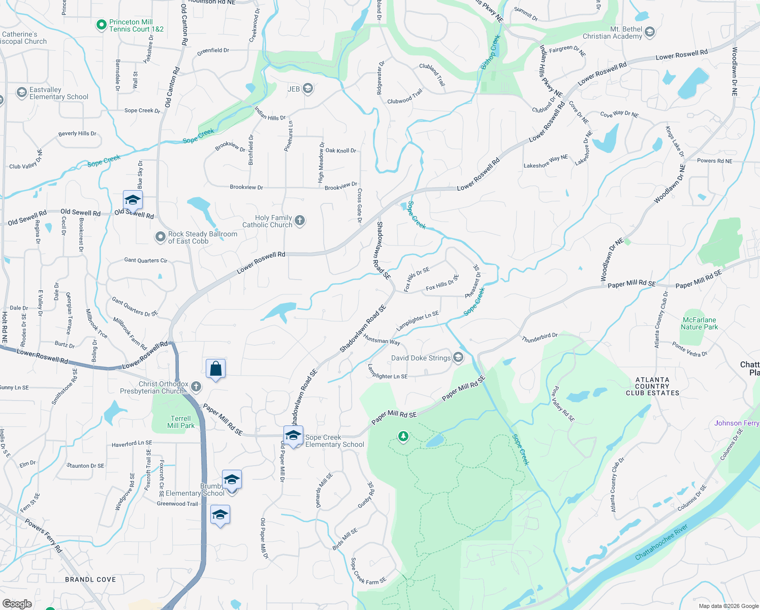 map of restaurants, bars, coffee shops, grocery stores, and more near 141 Shadowlawn Road in Marietta