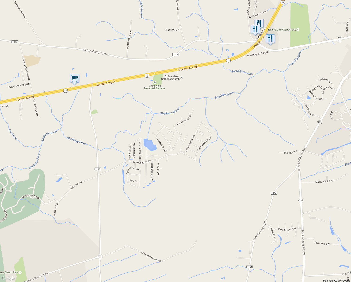 map of restaurants, bars, coffee shops, grocery stores, and more near 5160 Green Heron Drive Southwest in Shallotte