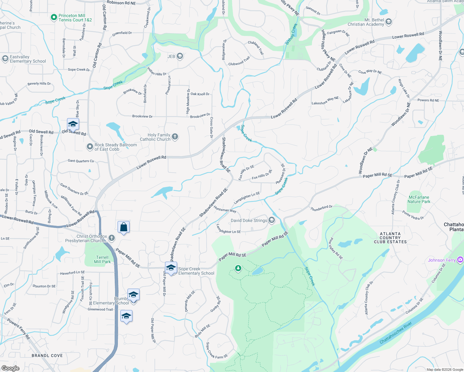 map of restaurants, bars, coffee shops, grocery stores, and more near 141 Shadowlawn Road in Marietta