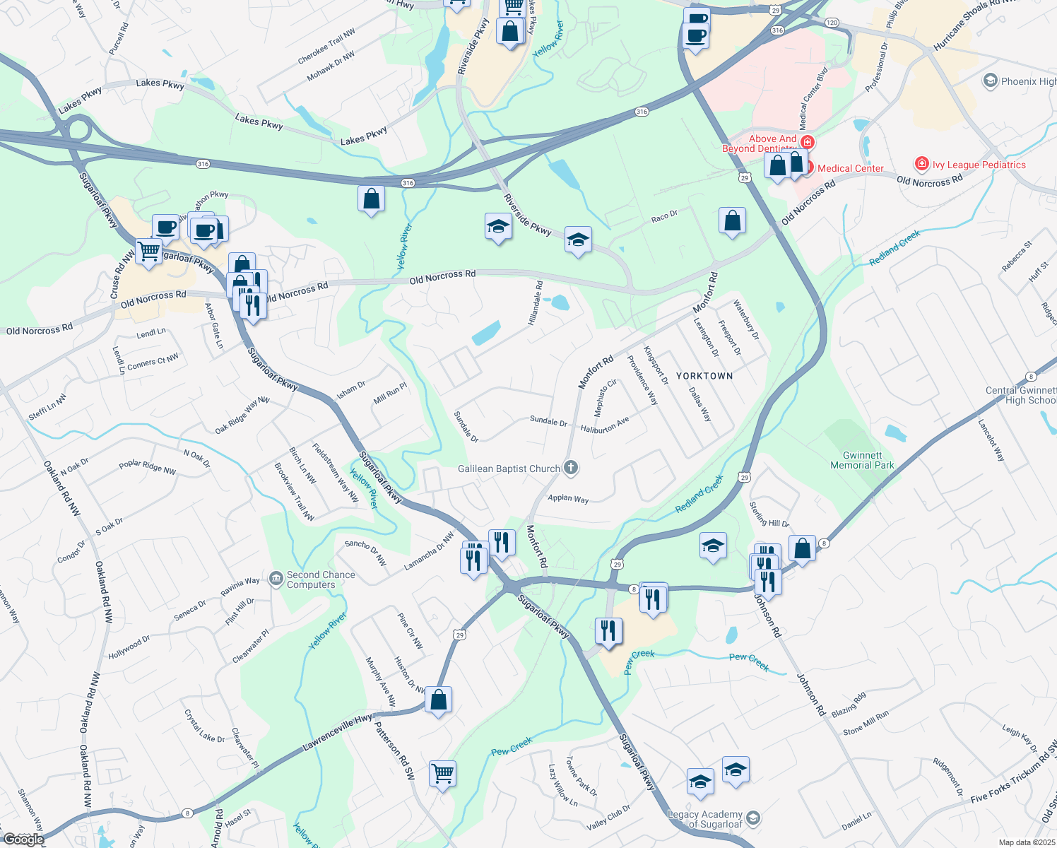 map of restaurants, bars, coffee shops, grocery stores, and more near 1400 Sundale Dr in Lawrenceville