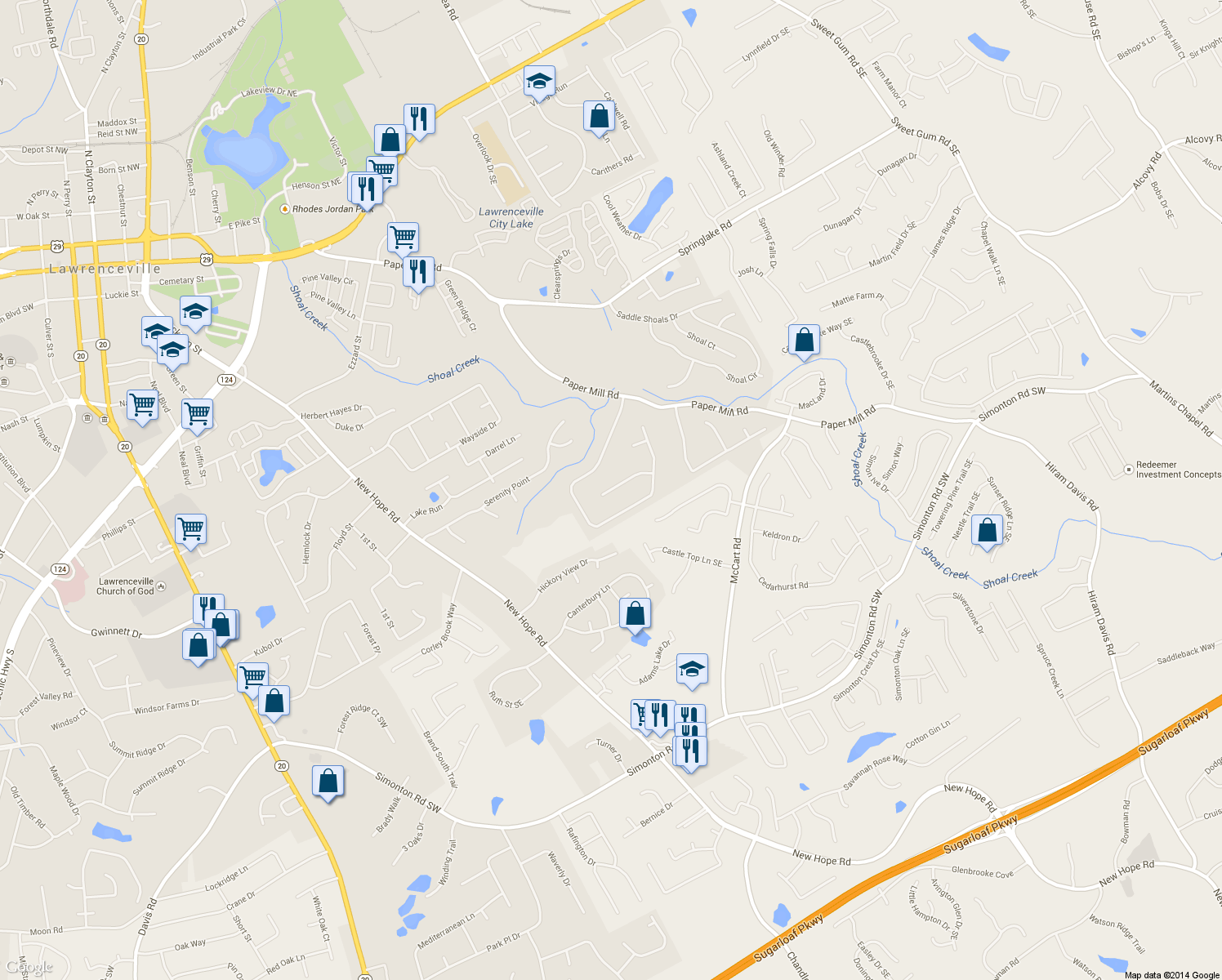 map of restaurants, bars, coffee shops, grocery stores, and more near 341 Paper Woods Drive in Lawrenceville
