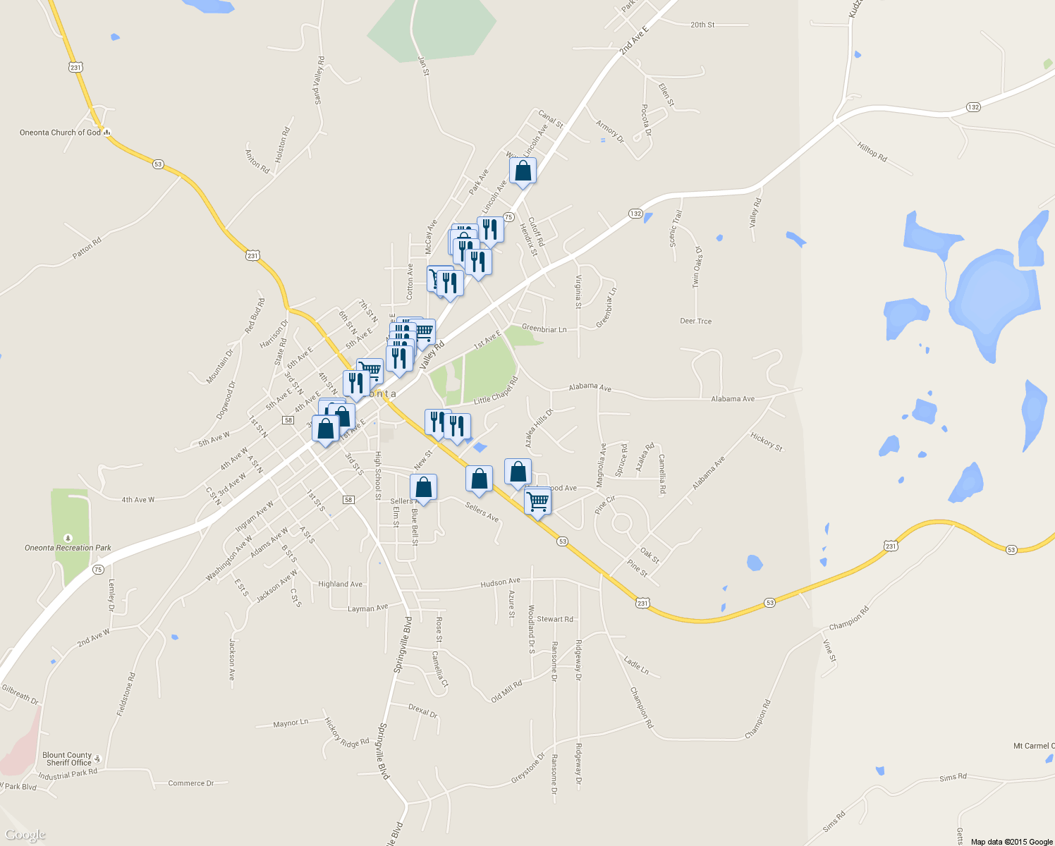 map of restaurants, bars, coffee shops, grocery stores, and more near 104 Azalea Hills Drive in Oneonta