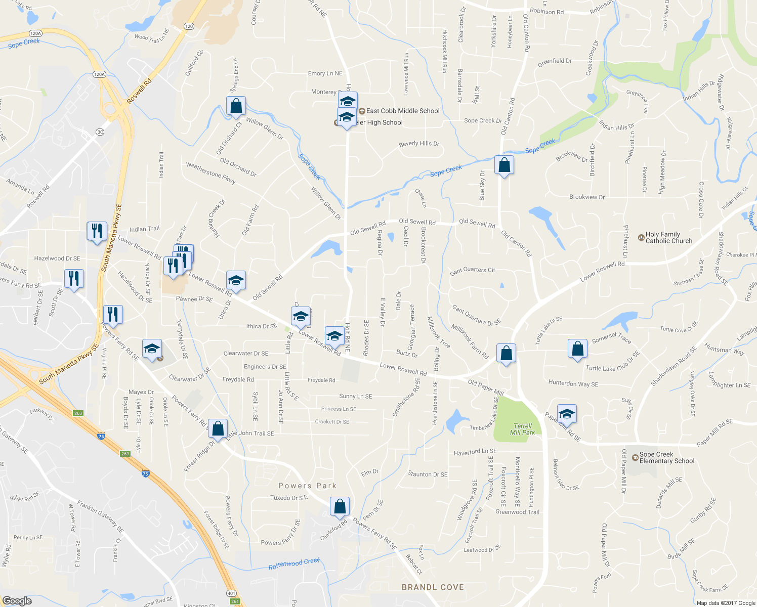 map of restaurants, bars, coffee shops, grocery stores, and more near 270 East Valley Drive in Marietta