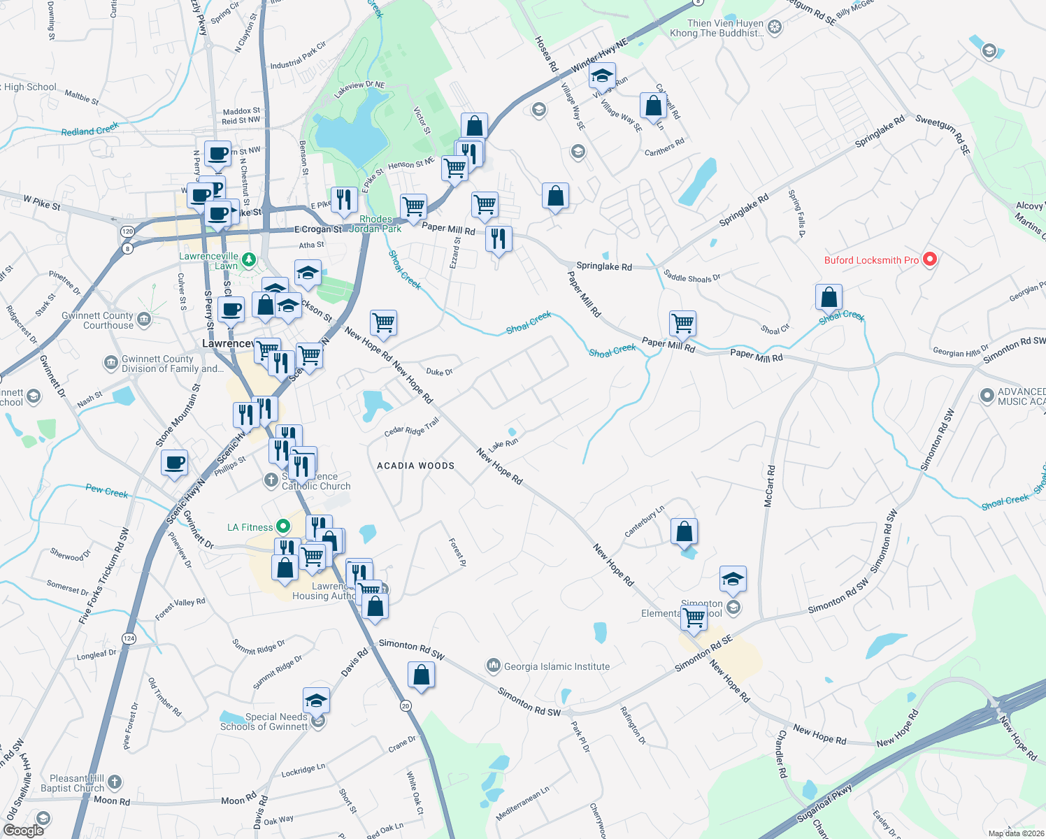 map of restaurants, bars, coffee shops, grocery stores, and more near 100 Summer Pond Trail in Lawrenceville
