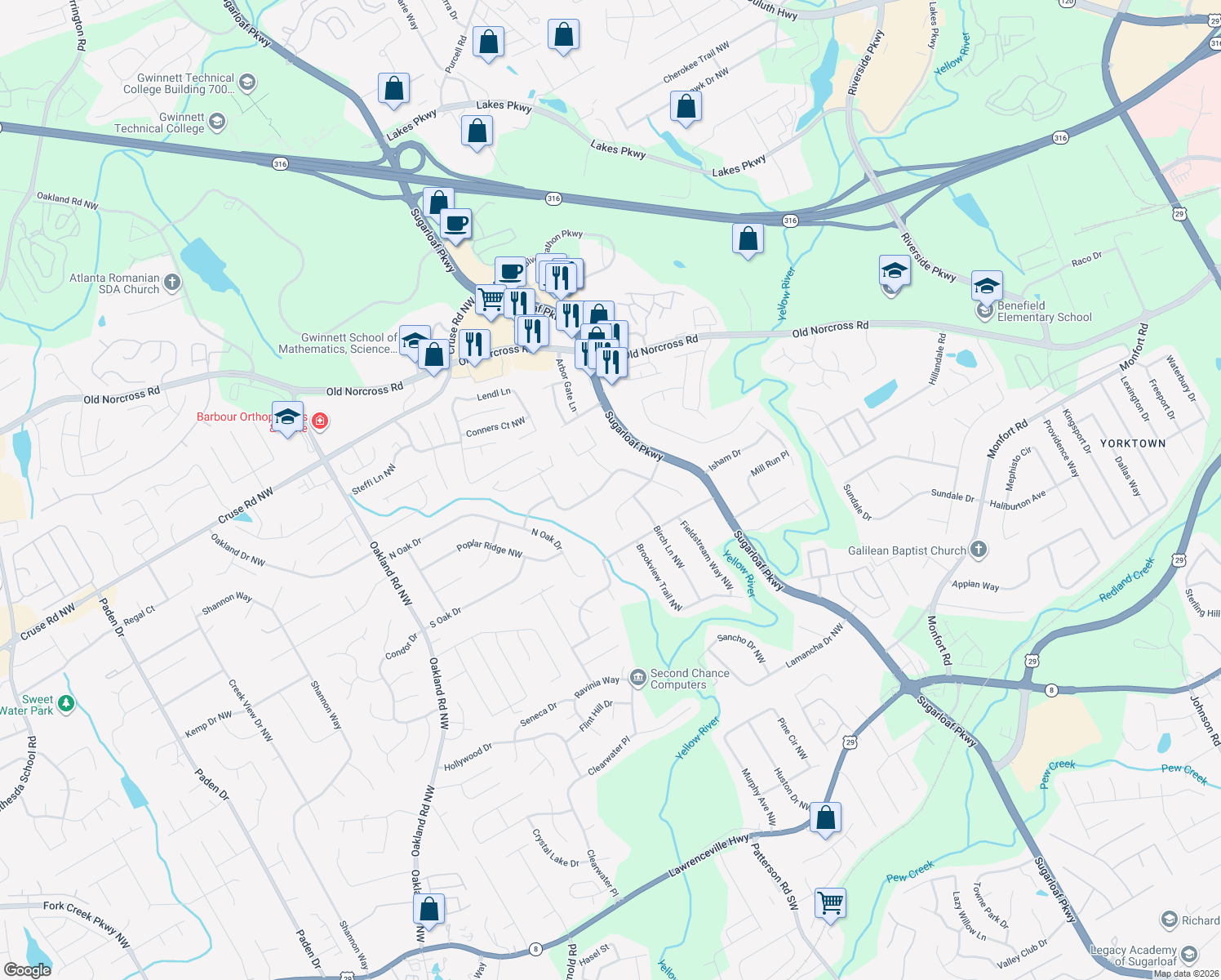 map of restaurants, bars, coffee shops, grocery stores, and more near 1754 Oak Ridge Way Northwest in Lawrenceville