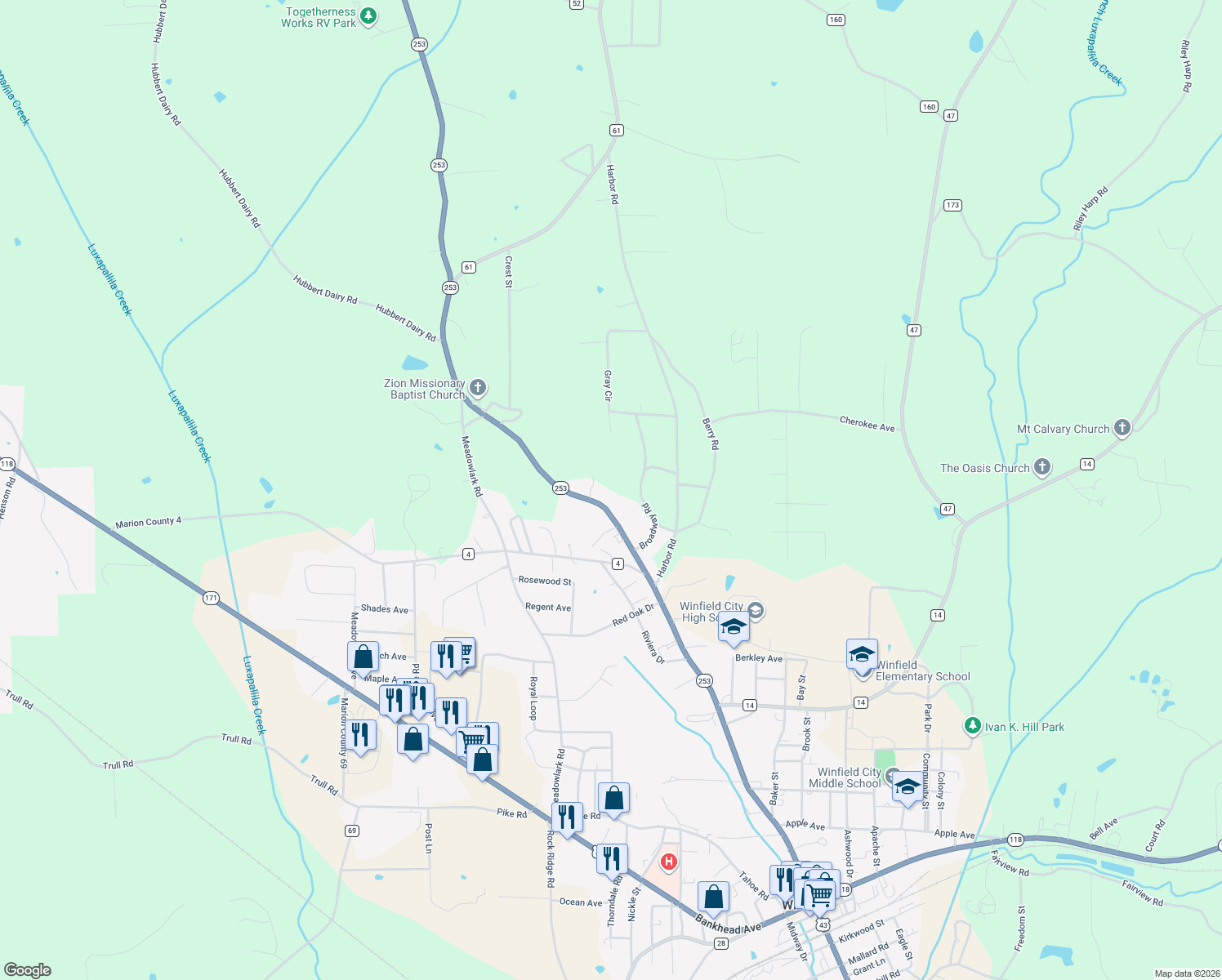 map of restaurants, bars, coffee shops, grocery stores, and more near 391 Broadway Road in Winfield