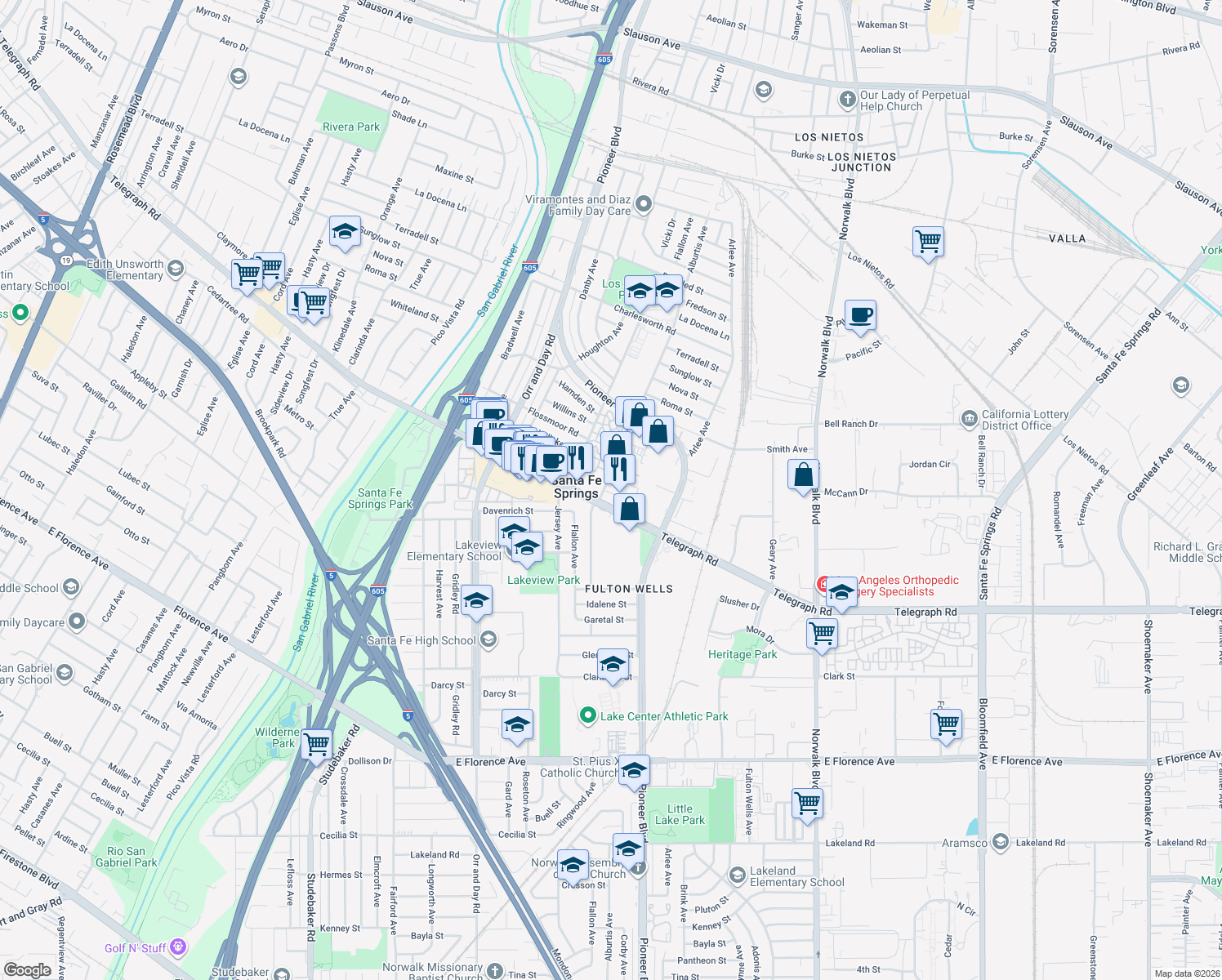 map of restaurants, bars, coffee shops, grocery stores, and more near 11721 Telegraph Road in Santa Fe Springs