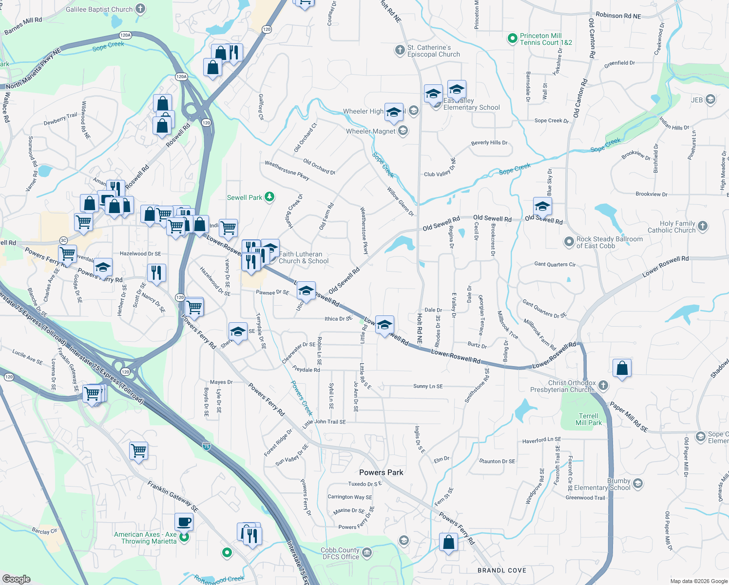 map of restaurants, bars, coffee shops, grocery stores, and more near 170 Kenley Ct in Marietta