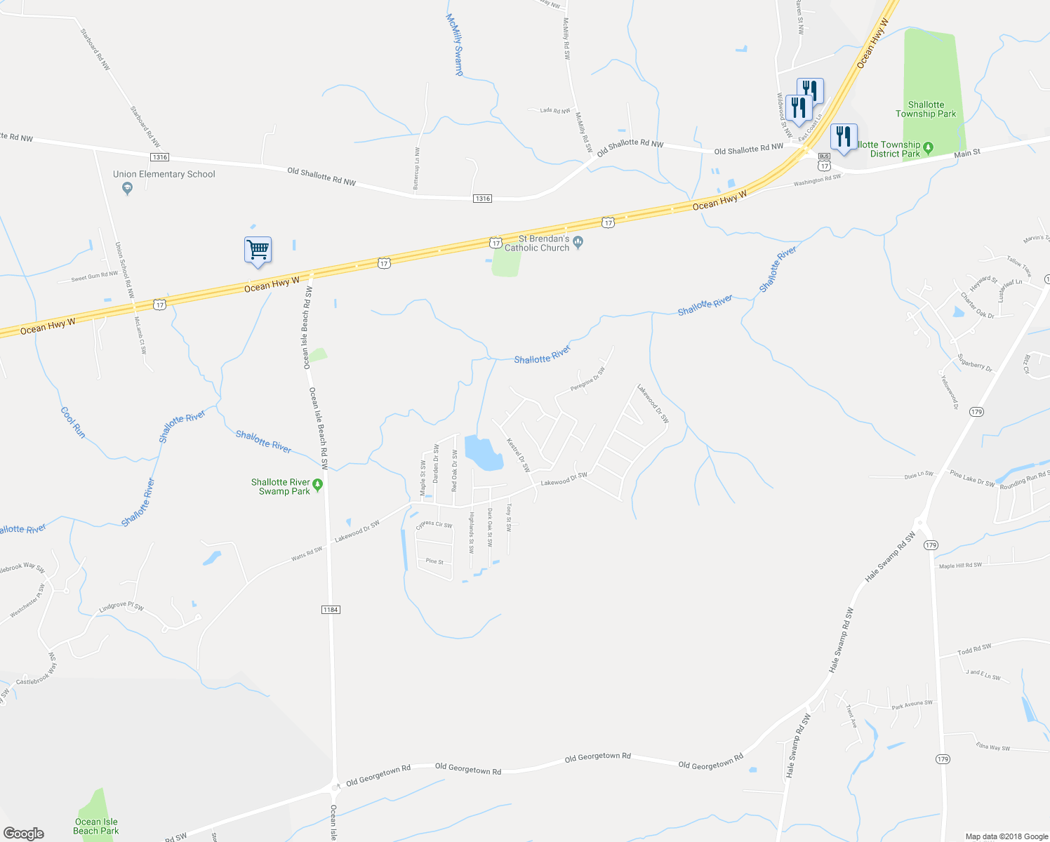 map of restaurants, bars, coffee shops, grocery stores, and more near 376 Gallinule Drive Southwest in Shallotte