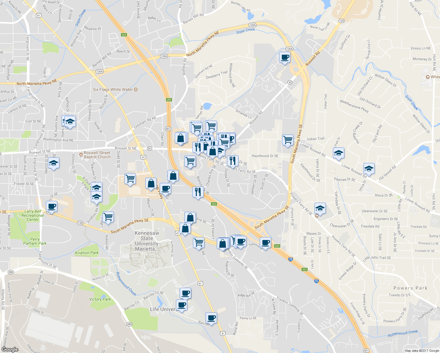 map of restaurants, bars, coffee shops, grocery stores, and more near 167 Mathews Circle Southeast in Marietta