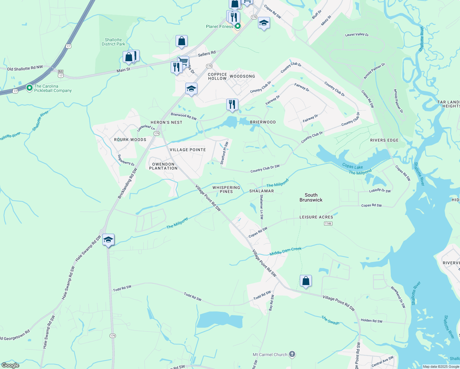 map of restaurants, bars, coffee shops, grocery stores, and more near 4204 Happy Valley Lane in Shallotte