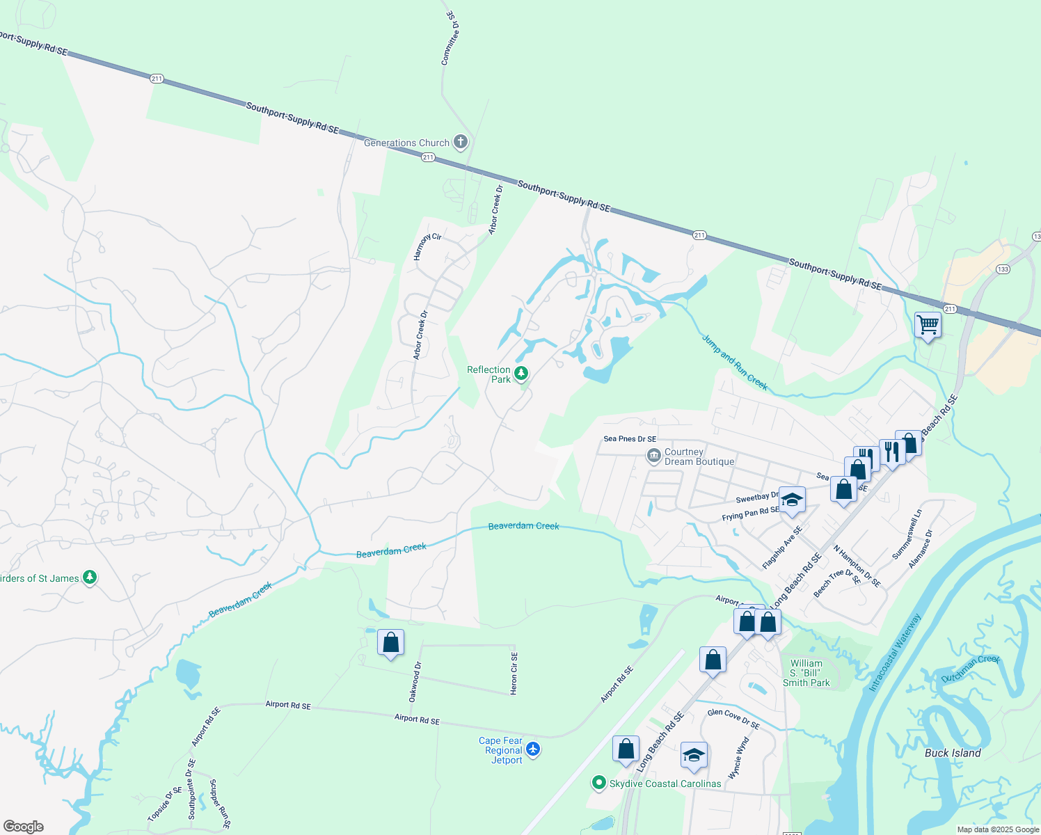 map of restaurants, bars, coffee shops, grocery stores, and more near 4436 Prince Regent Court in Southport