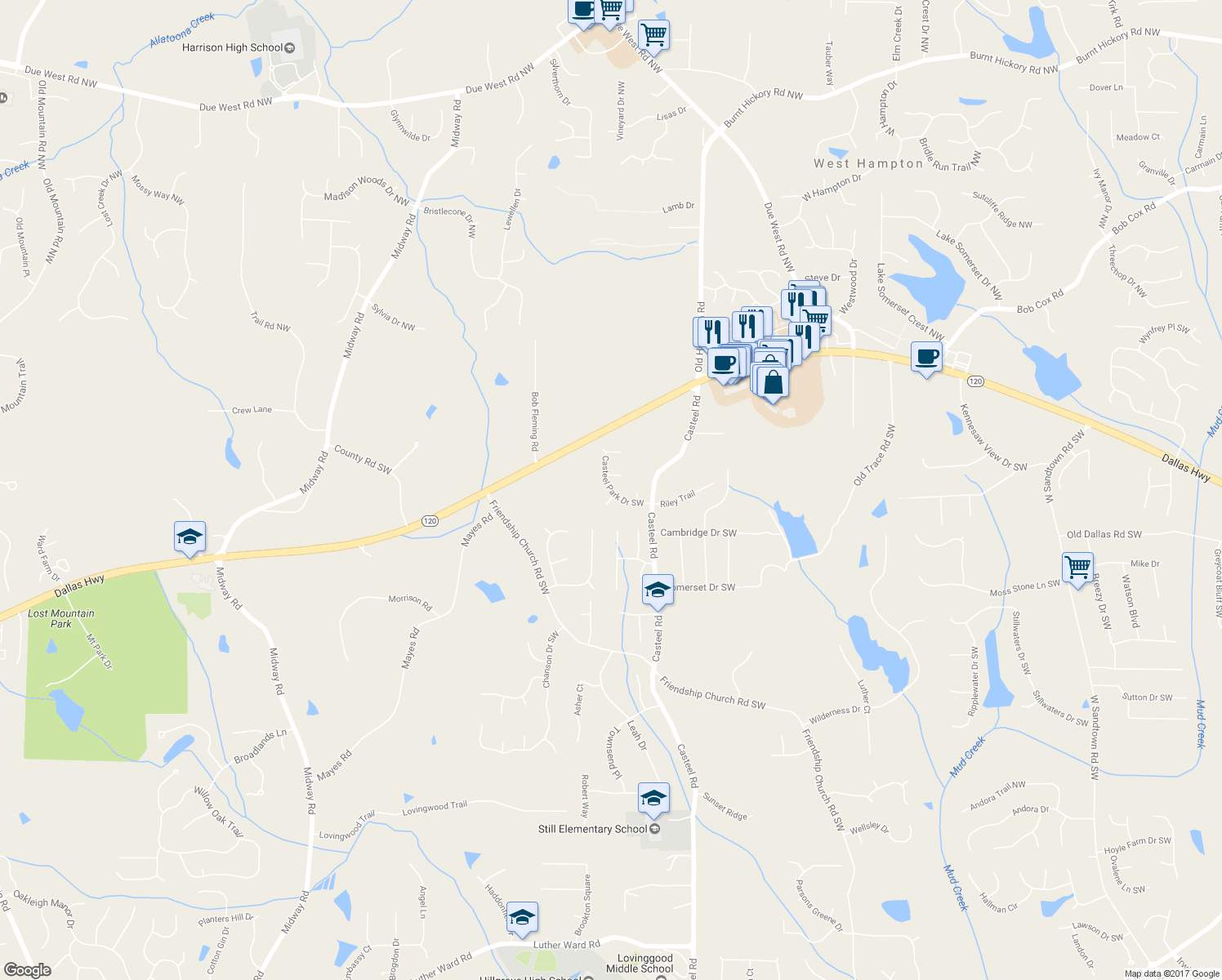 map of restaurants, bars, coffee shops, grocery stores, and more near 3722 Casteel Park Drive Southwest in Marietta