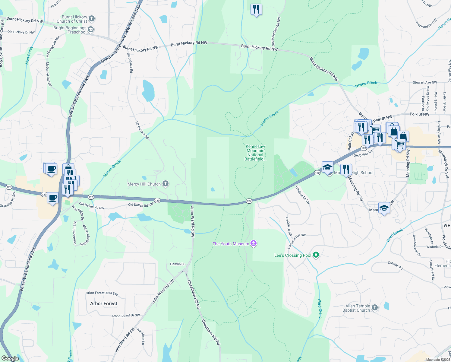 map of restaurants, bars, coffee shops, grocery stores, and more near 150 Hardage Drive Southwest in Marietta