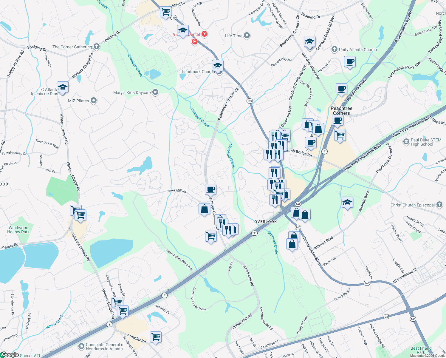 map of restaurants, bars, coffee shops, grocery stores, and more near 308 Glenleaf Drive in Norcross