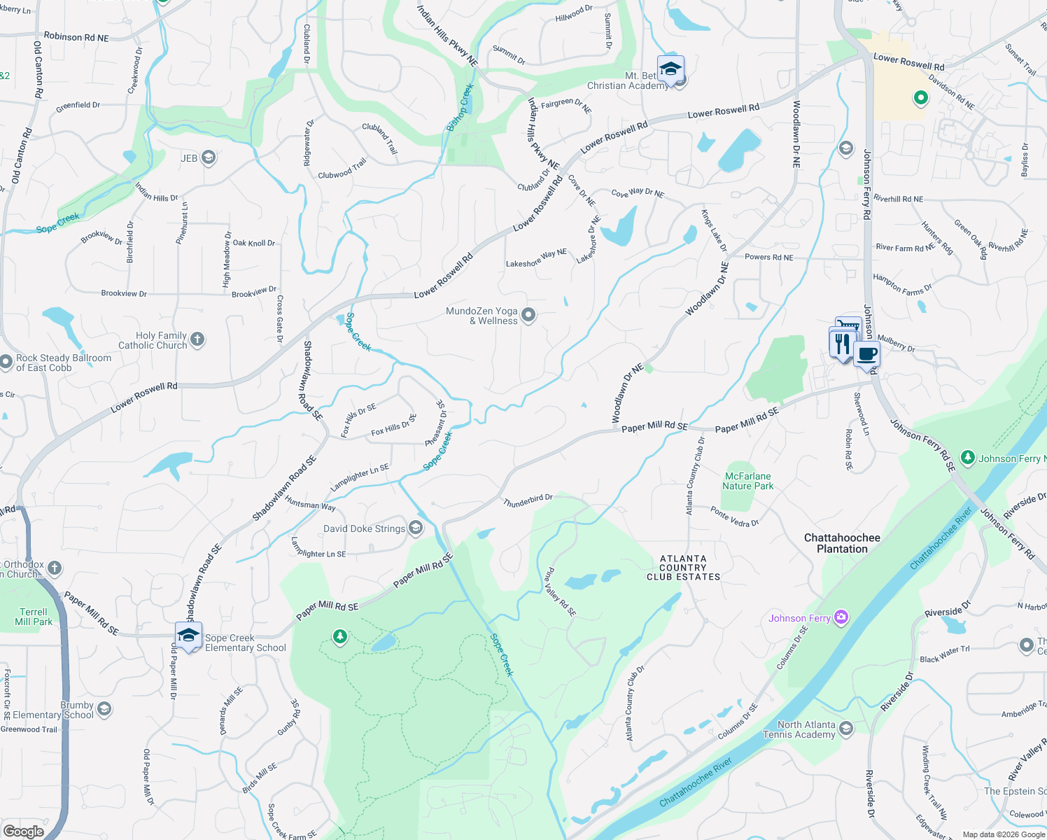 map of restaurants, bars, coffee shops, grocery stores, and more near 4061 River Cliff Chase Southeast in Marietta