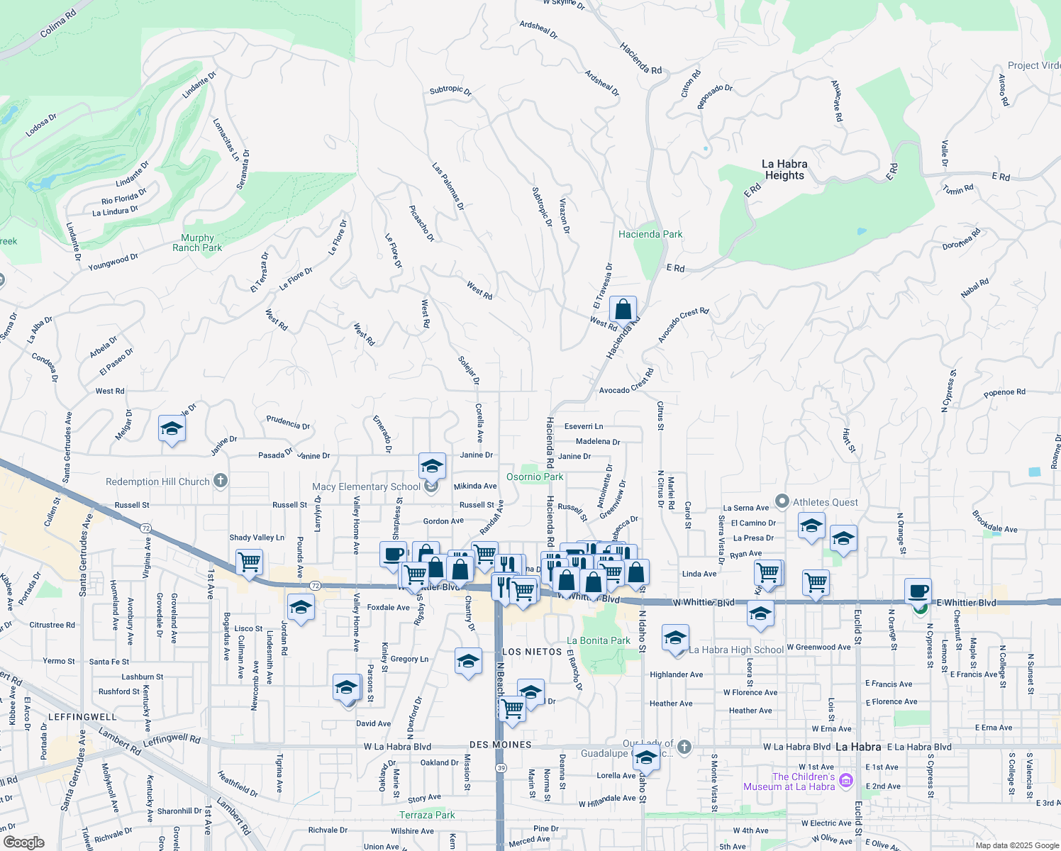 map of restaurants, bars, coffee shops, grocery stores, and more near 17050 Villa Rita Drive in Whittier