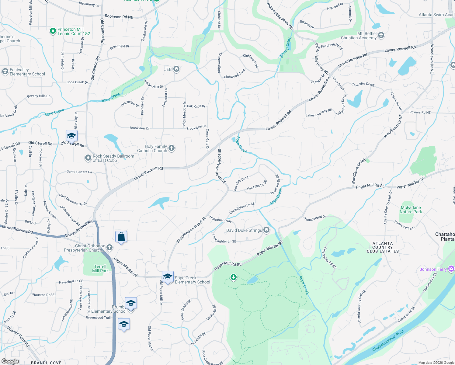 map of restaurants, bars, coffee shops, grocery stores, and more near 81 Shadowlawn Road Southeast in Marietta