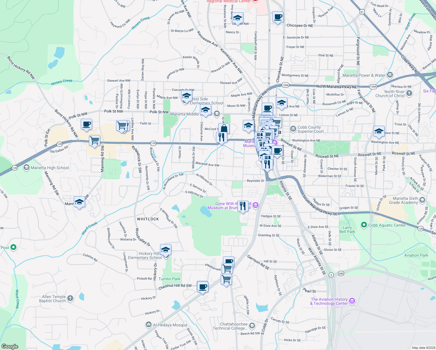 map of restaurants, bars, coffee shops, grocery stores, and more near 169 Northcutt Street Southwest in Marietta