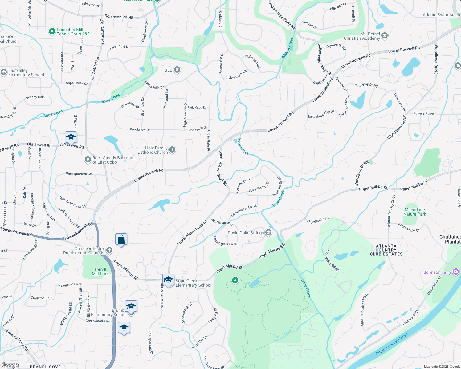 map of restaurants, bars, coffee shops, grocery stores, and more near 81 Shadowlawn Road Southeast in Marietta