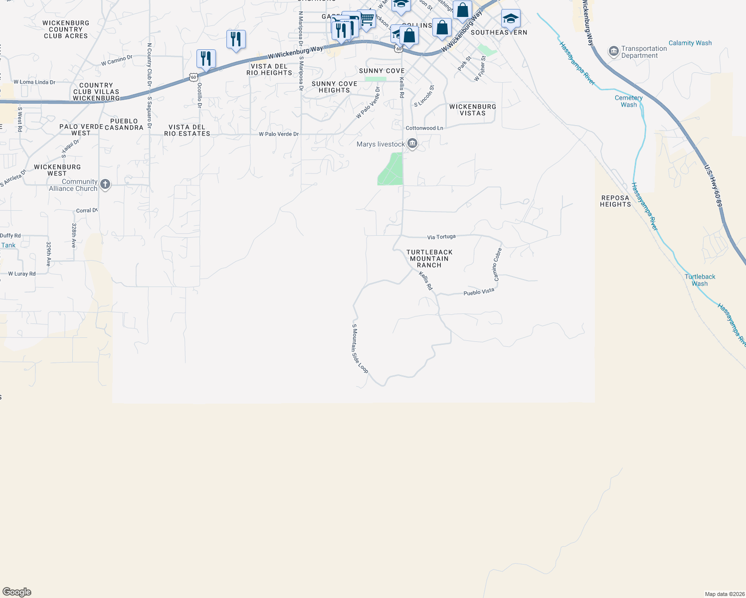 map of restaurants, bars, coffee shops, grocery stores, and more near 1181 South Mountain Side Loop in Wickenburg
