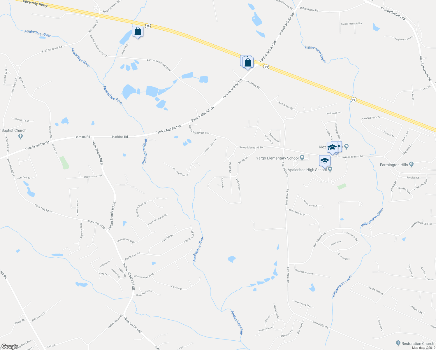 map of restaurants, bars, coffee shops, grocery stores, and more near 1949 Roxey Lane in Winder