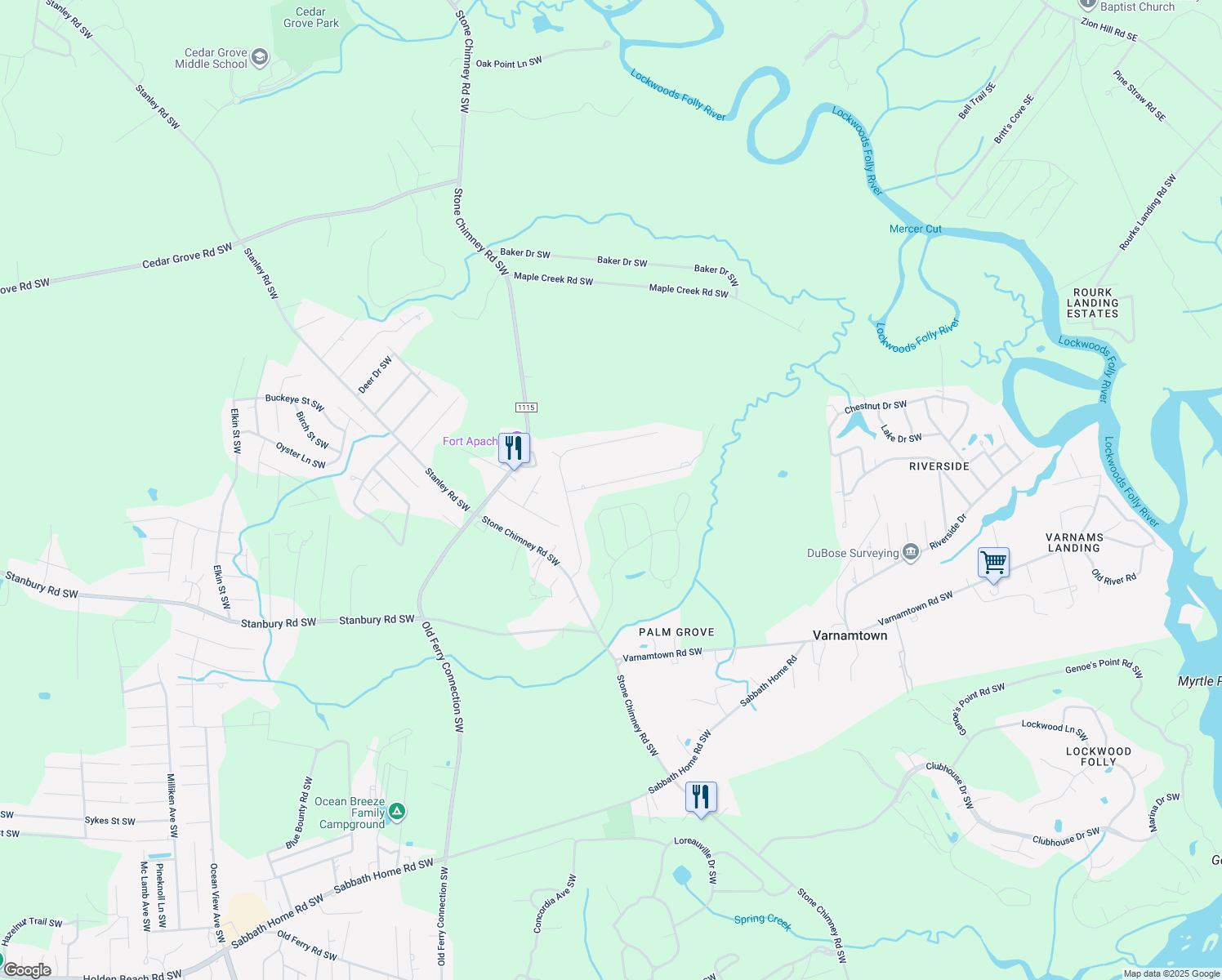 map of restaurants, bars, coffee shops, grocery stores, and more near 487 Kristen Lane Southwest in Supply