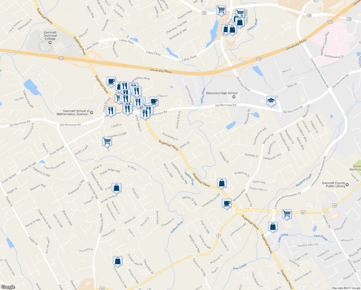 map of restaurants, bars, coffee shops, grocery stores, and more near 1627 Isham Drive in Lawrenceville
