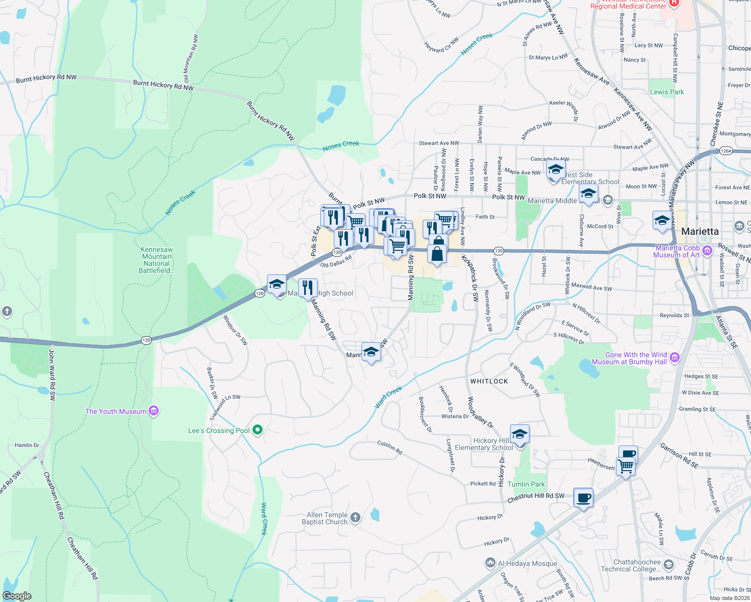 map of restaurants, bars, coffee shops, grocery stores, and more near 102 Westland Court Southwest in Marietta